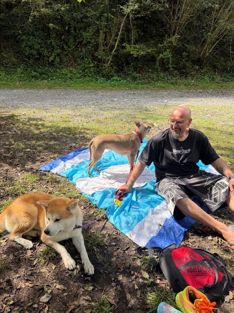 La pausa sul telo, coi cani accanto